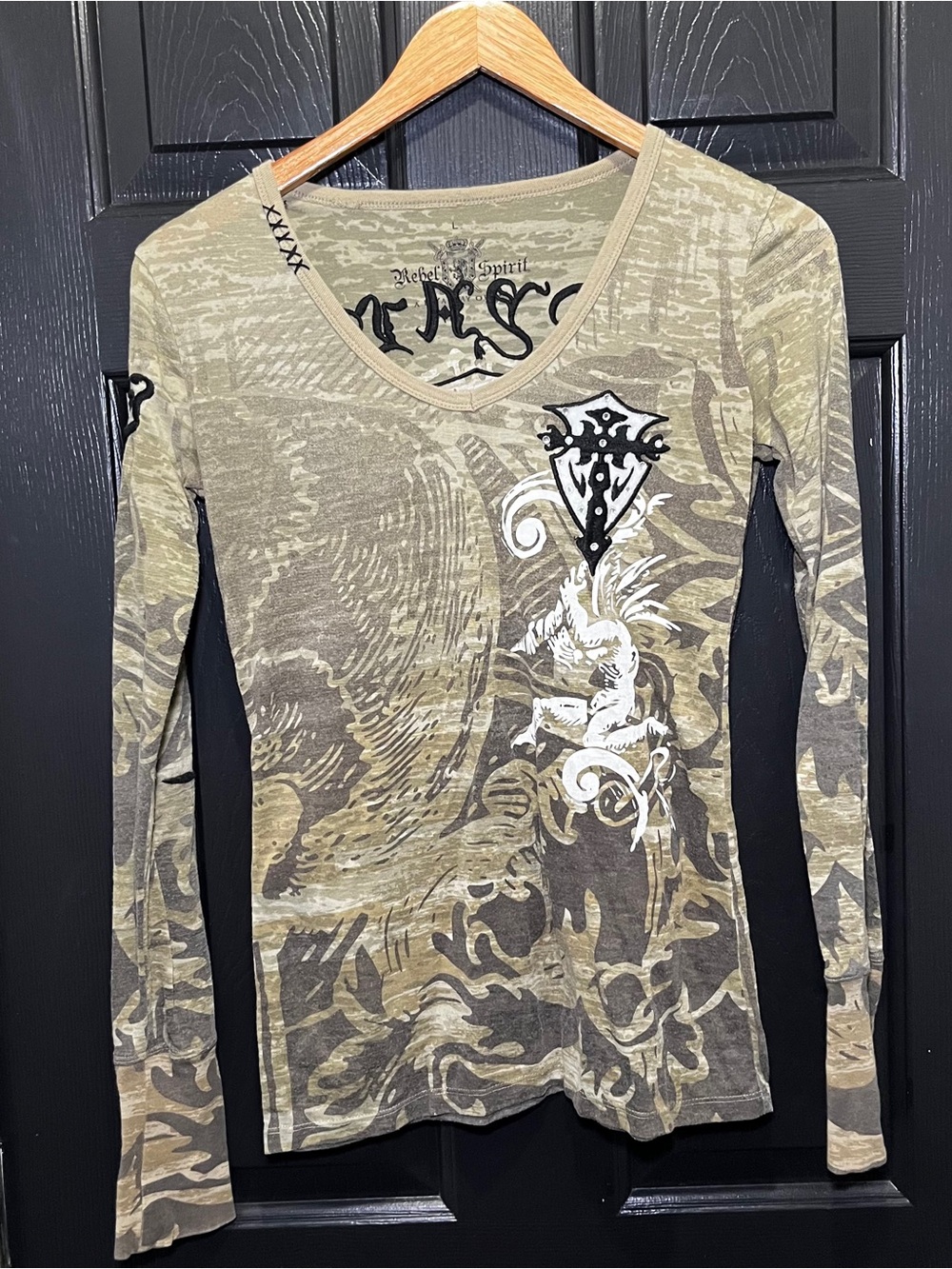 Rebel Spirit Olive Camo V-Neck Long Sleeve Top with Graphic Emblem